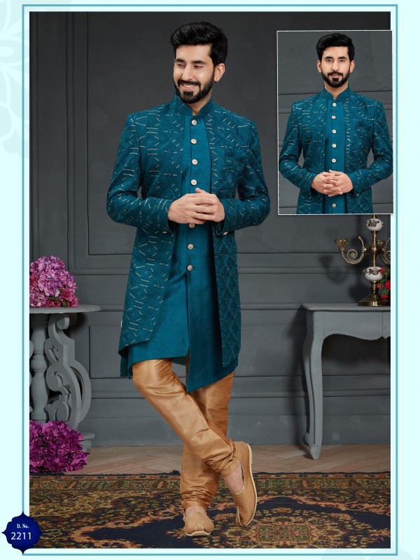 Heavy Imported Silk IndoWestern Ready Made Dress in Teal Blue With Embordiery Work 