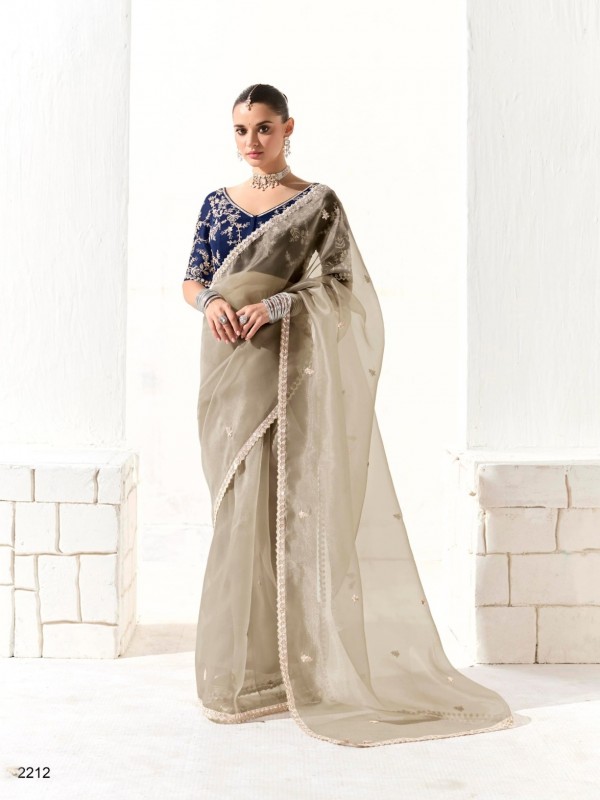 Organza Tissue Silk Party wear Saree In Cream With Embroidery Work