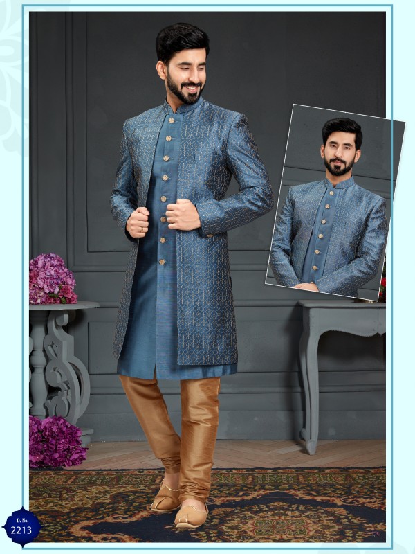 Heavy Imported Silk IndoWestern Ready Made Dress in Dusty Blue With Embordiery Work 
