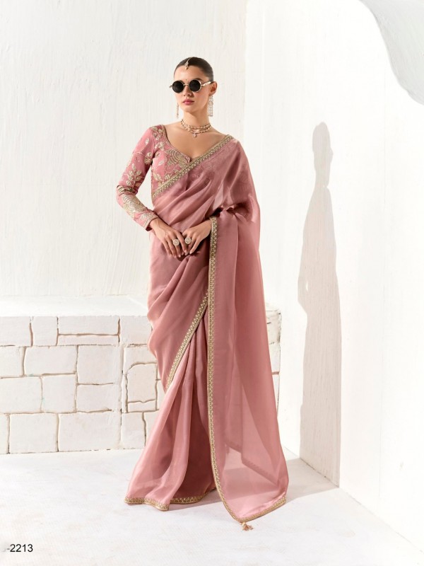 Organza Tissue Silk Party wear Saree In Cream With Embroidery Work