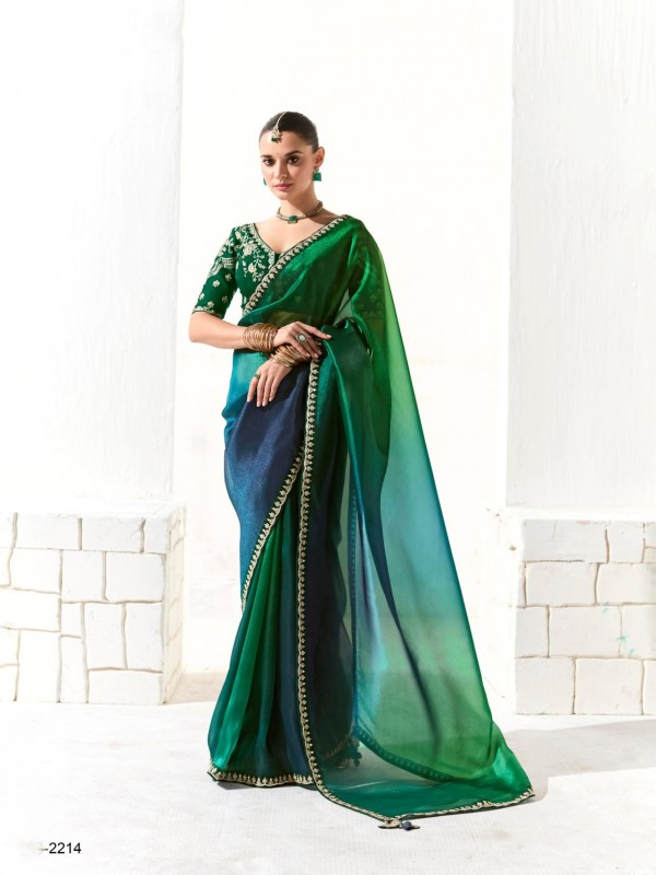 Organza Tissue Silk Party wear Saree In Green With Embroidery Work