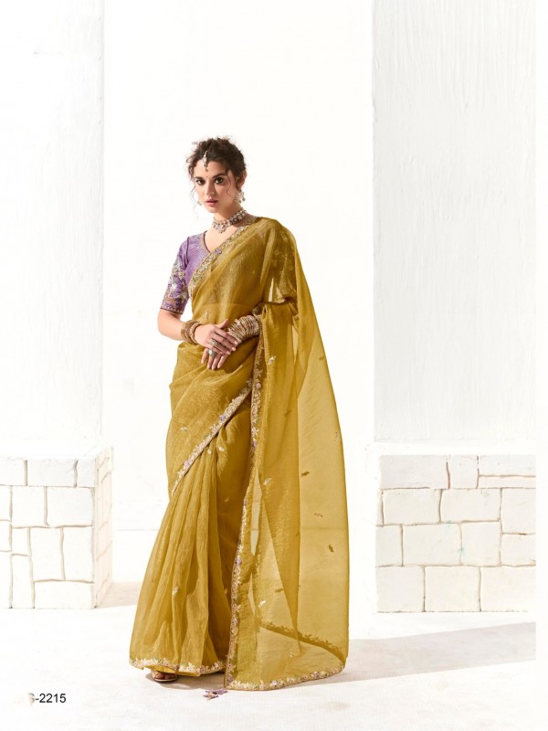 Organza Tissue Silk Party wear Saree In Yellow With Embroidery Work