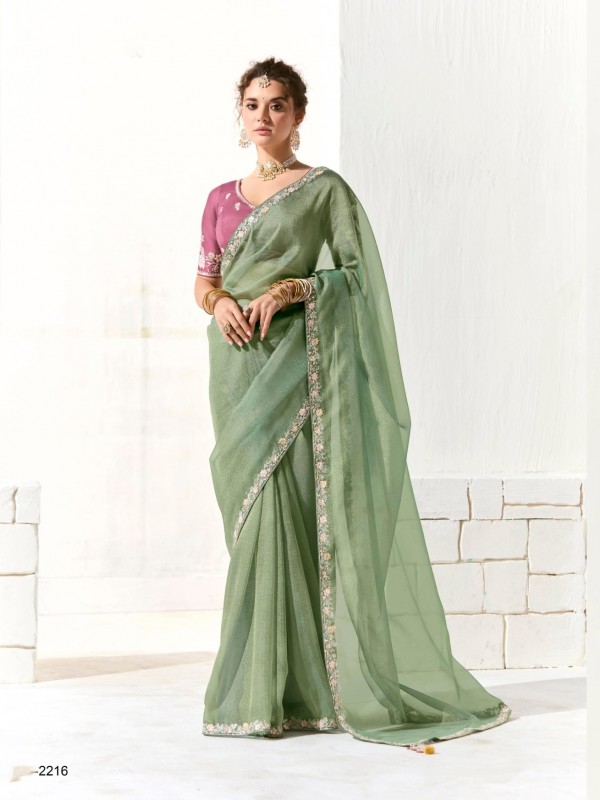 Organza Tissue Silk Party wear Saree In Lime Green With Embroidery Work