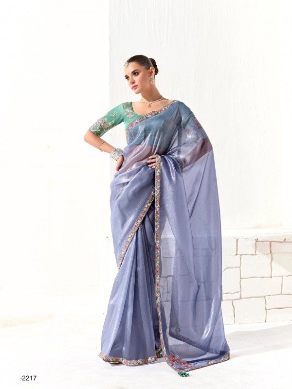 Organza Tissue Silk Party wear Saree In Sky Blue With Embroidery Work