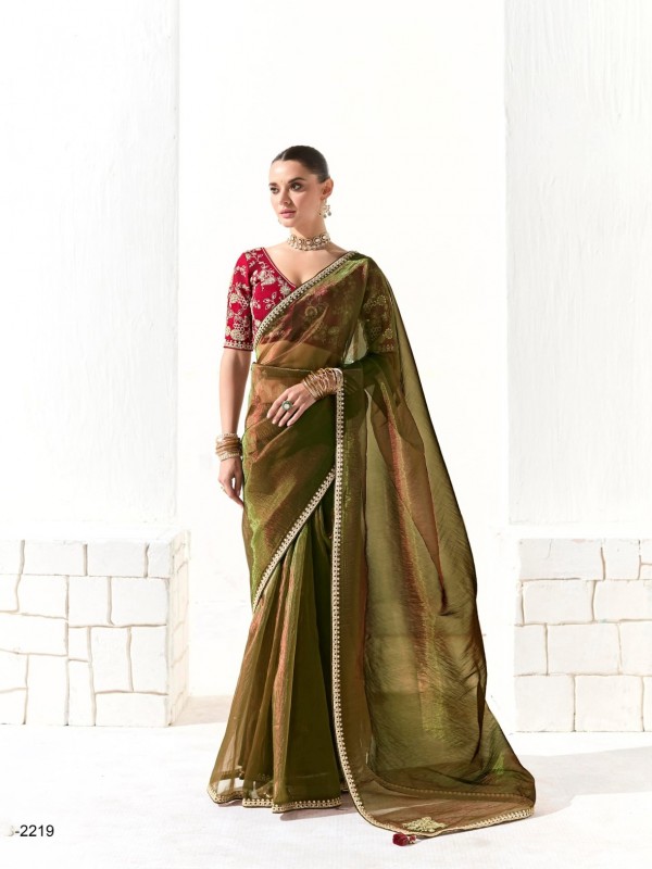 Organza Tissue Silk Party wear Saree In Mustard With Embroidery Work