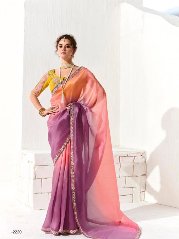 Organza Tissue Silk Party wear Saree In Pink With Embroidery Work