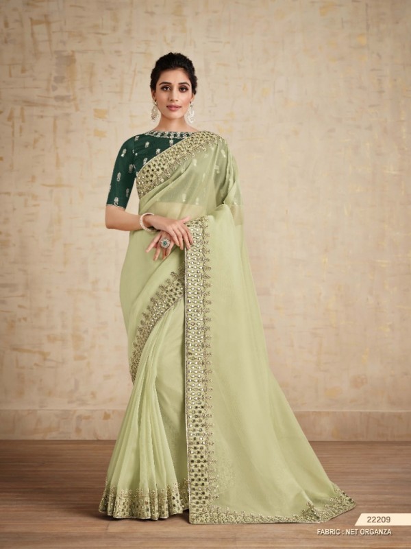Organza Silk  Saree In Green Color With Embroidery Work