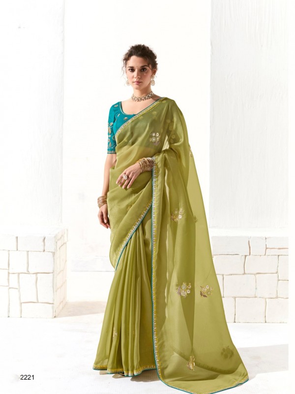 Organza Tissue Silk Party wear Saree In Lemon With Embroidery Work