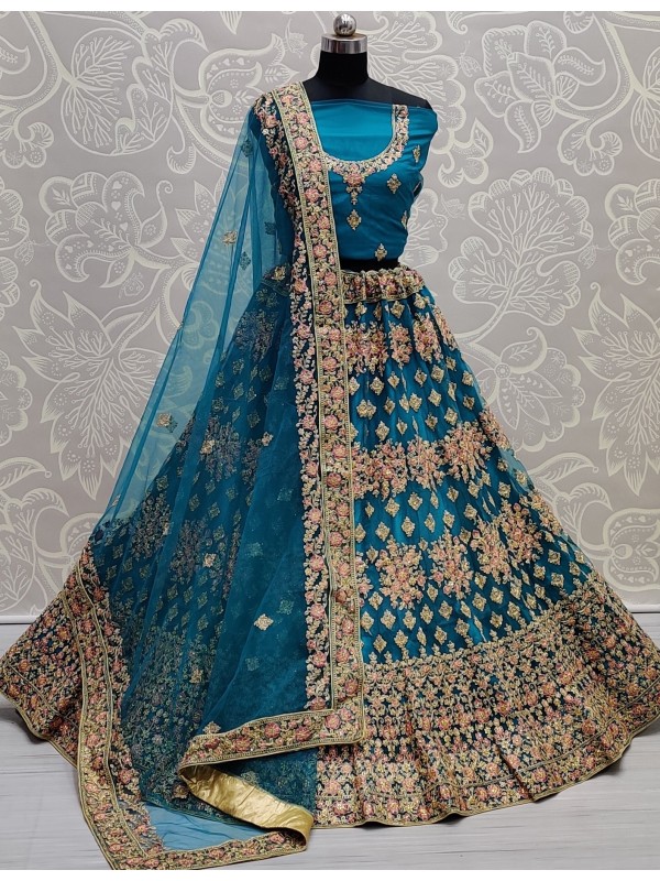 Soft Premium Net  Wedding Wear Lehenga In Teal Blue  Color With Embroidery Work and crystal stone work 