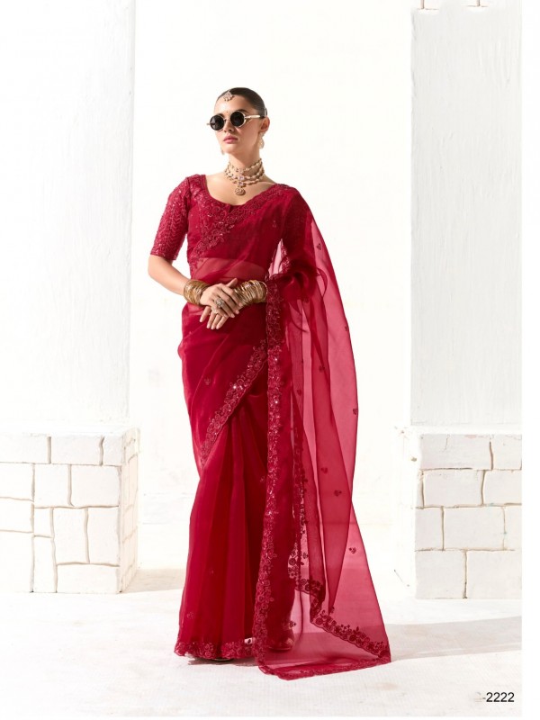 Organza Tissue Silk Party wear Saree In Red With Embroidery Work