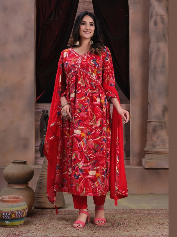 Heavy Rayon Party Wear Alia Salwar Suit in Red Color 