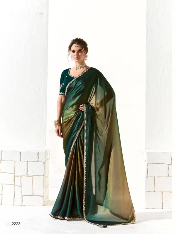 Organza Tissue Silk Party wear Saree In Green With Embroidery Work