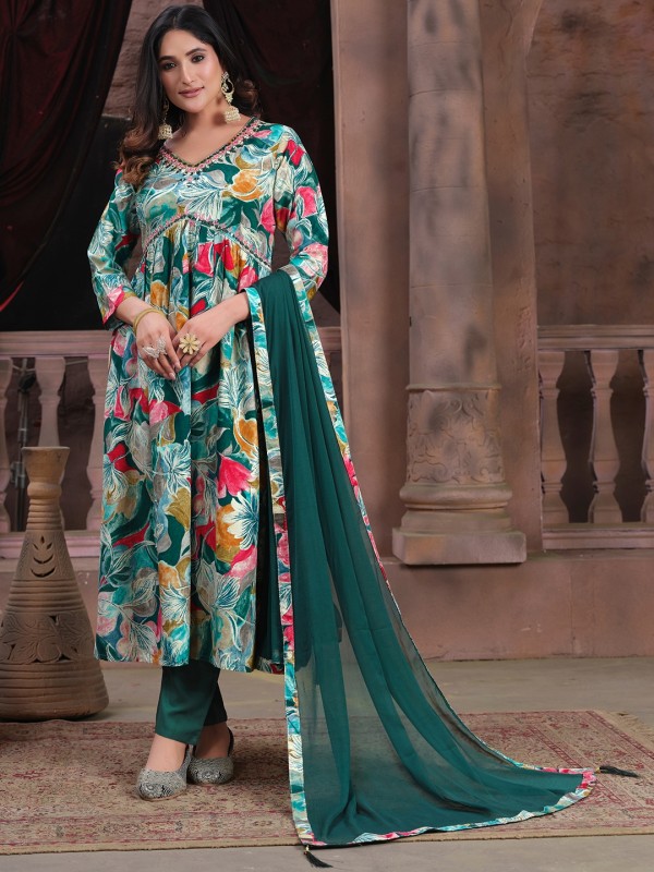 Heavy Rayon Party Wear Alia Salwar Suit in Green Color 