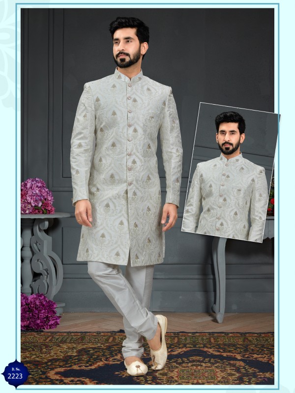 Heavy Imported Silk IndoWestern Ready Made Dress in White With Embordiery Work 