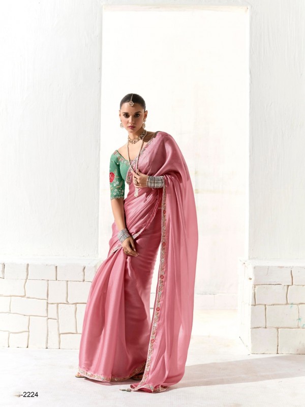 Organza Tissue Silk Party wear Saree In Pink With Embroidery Work