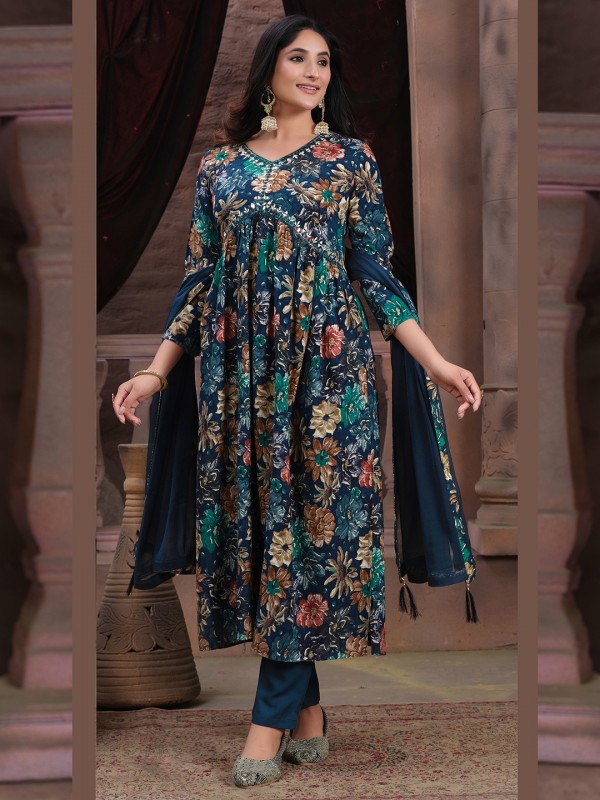 Heavy Rayon Party Wear Alia Salwar Suit in Aqua-Blue Color 