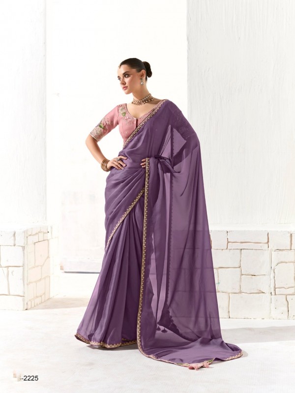 Organza Tissue Silk Party wear Saree In Purple With Embroidery Work