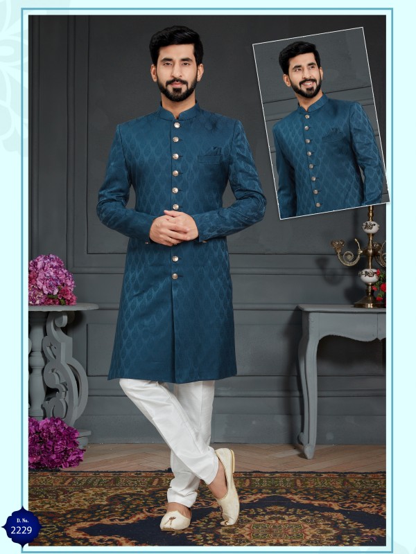 Heavy Imported Jacquard Silk IndoWestern Ready Made Dress in Teal Blue 