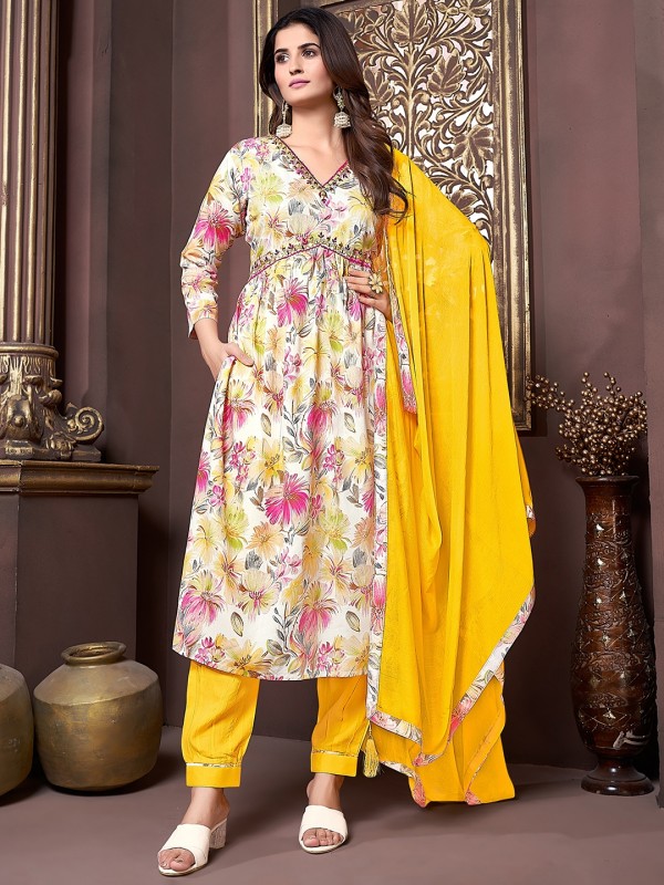Heavy Rayon Party Wear Alia Salwar Suit in Yellow Color 