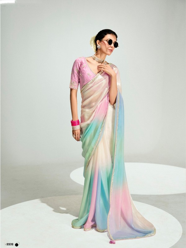 Organza Silk Party Wear Saree In Multi Color with Embroidery Work