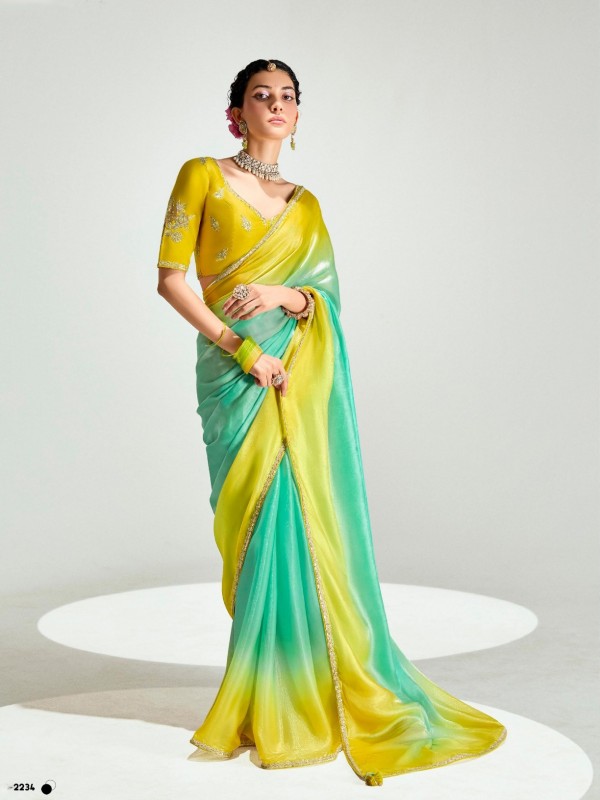 Organza Silk Party Wear Saree In Green & Yellow Color with Embroidery Work
