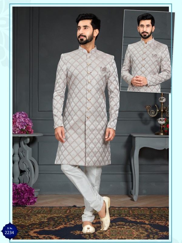 Heavy Imported Jacquard Silk IndoWestern Ready Made Dress in Dusty Silver Brown