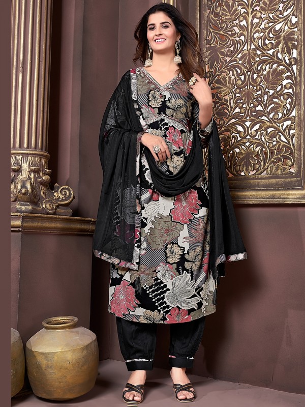 Heavy Rayon Party Wear Alia Salwar Suit in Black Color 