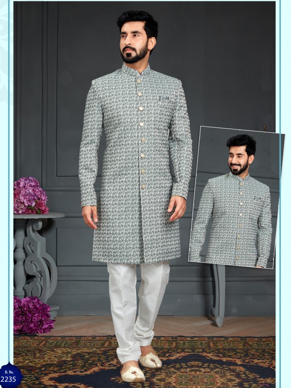 Heavy Imported Jacquard Silk IndoWestern Ready Made Dress in Dusty Green
