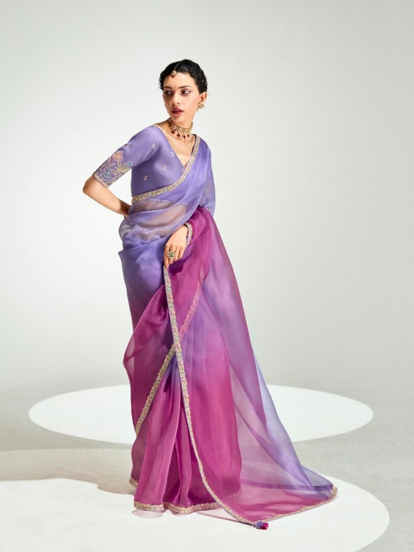 Organza Silk Party Wear Saree In Lovender Color with Embroidery Work