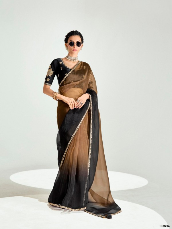 Organza Silk Party Wear Saree In Black Color with Embroidery Work