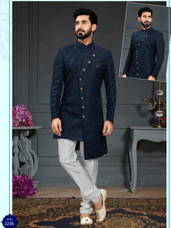 Heavy Imported Jacquard Silk IndoWestern Ready Made Dress in Nevy Blue
