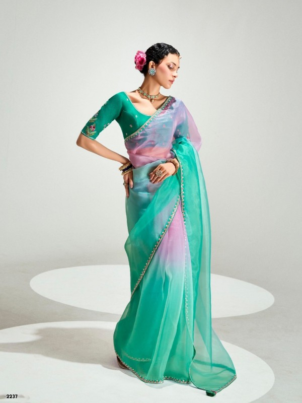 Organza Silk Party Wear Saree In Turquoise Color with Embroidery Work