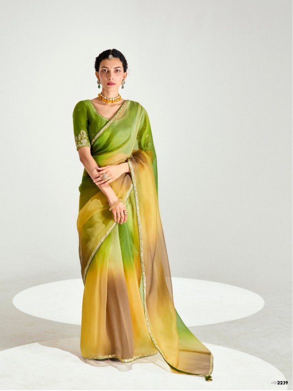 Organza Silk Party Wear Saree In Multi Color with Embroidery Work