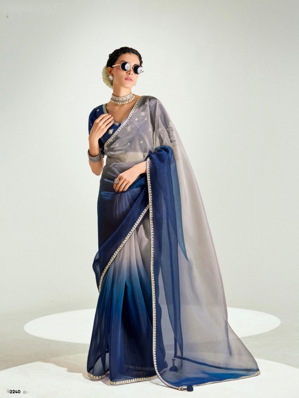 Organza Silk Party Wear Saree In Blue Color with Embroidery Work