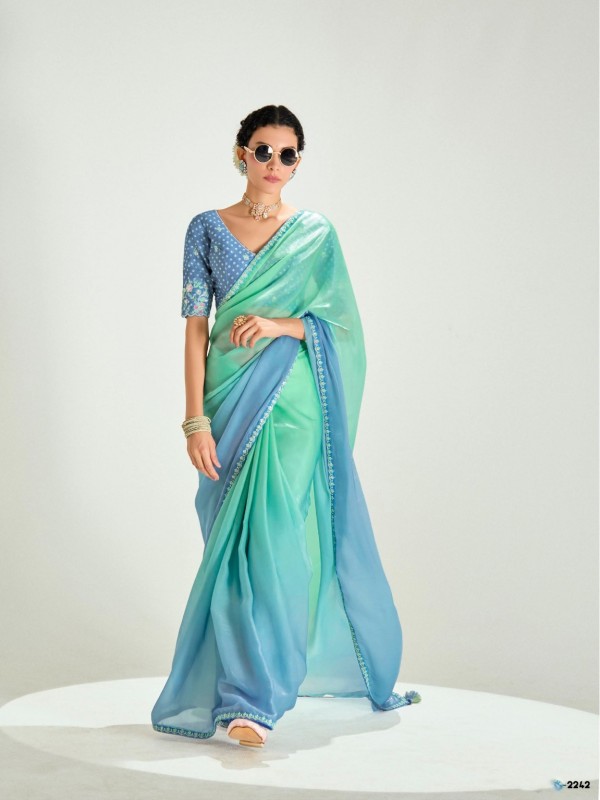 Organza Silk Party Wear Saree In Turquoise Color with Embroidery Work