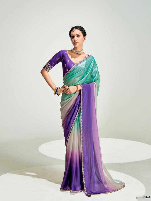 Organza Silk Party Wear Saree In Multi Color with Embroidery Work