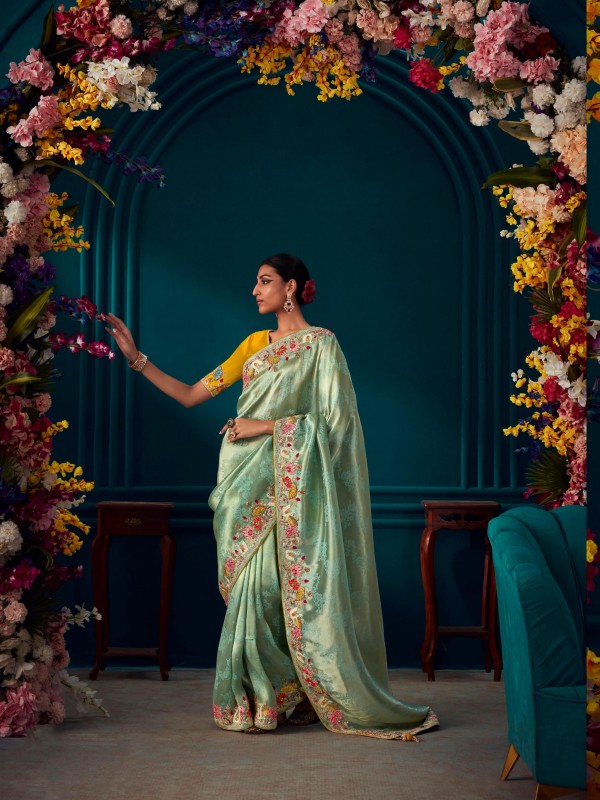  Pure Silk Saree In Sea Green Color With Embroidery  Work
