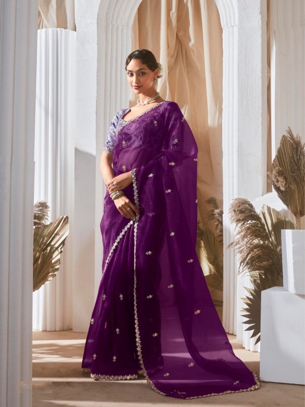 Fancy Silk Party wear Saree In Purple Color With Embroidery Work