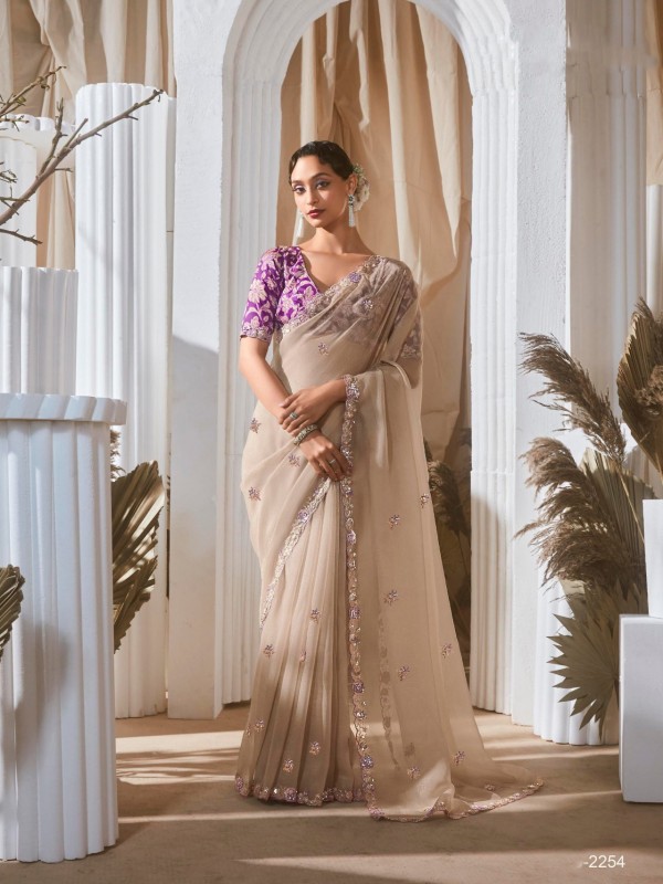 Fancy Silk Party wear Saree In Beige Color With Embroidery Work
