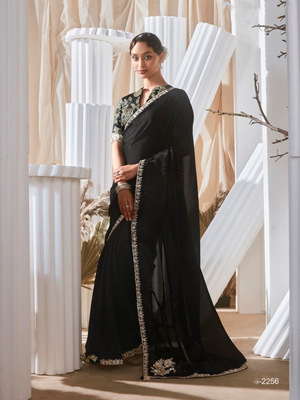 Fancy Silk Party wear Saree In Black Color With Embroidery Work