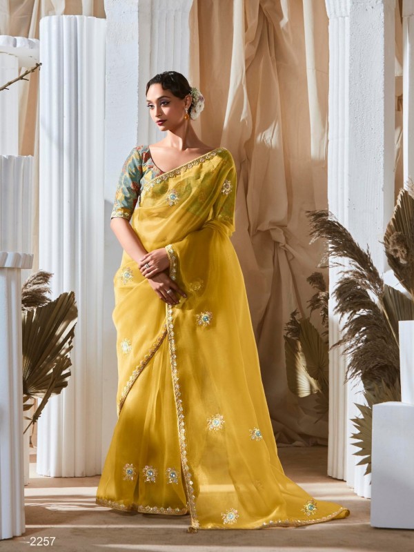 Fancy Silk Party wear Saree In Yellow Color With Embroidery Work