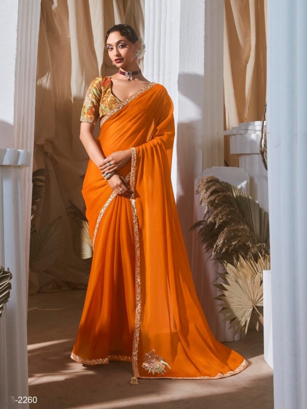 Fancy Silk Party wear Saree In Orange Color With Embroidery Work