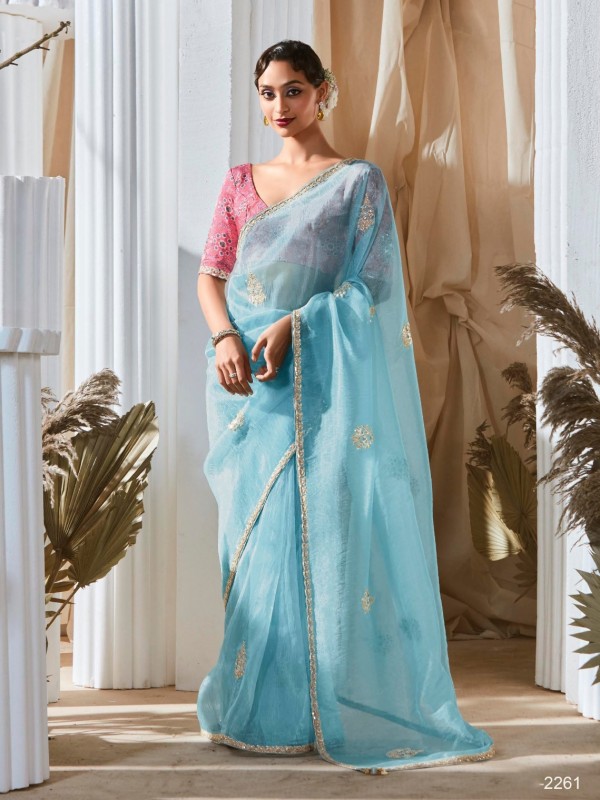 Fancy Silk Party wear Saree In Sky Blue Color With Embroidery Work