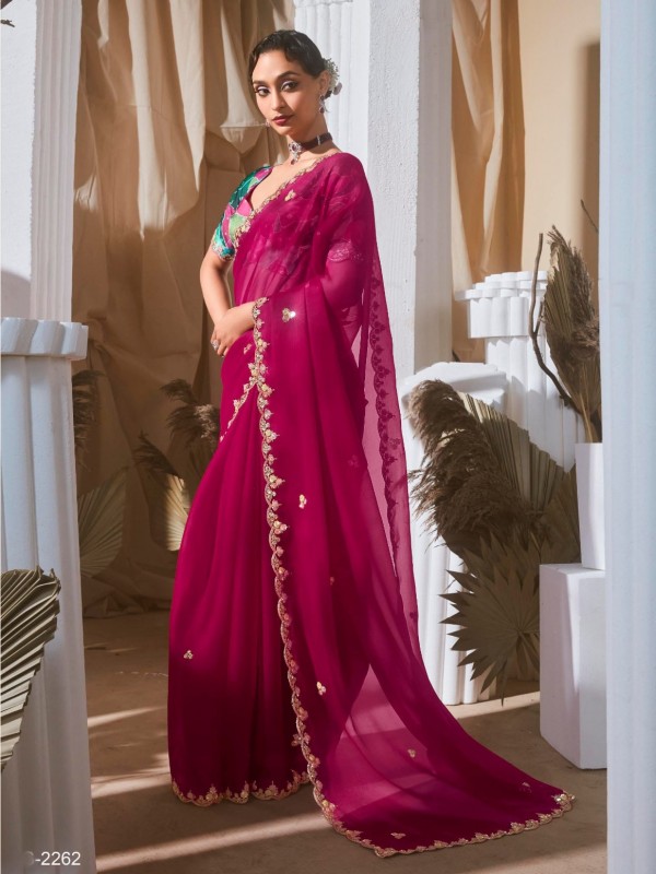 Fancy Silk Party wear Saree In Rani Pink Color With Embroidery Work