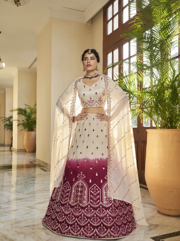  Silk  Party Wear Lehenga In Beige & Maroon Color With Embroidery Work