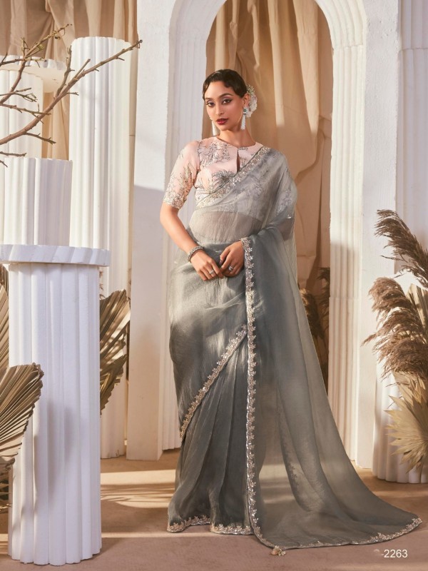 Fancy Silk Party wear Saree In Grey Color With Embroidery Work