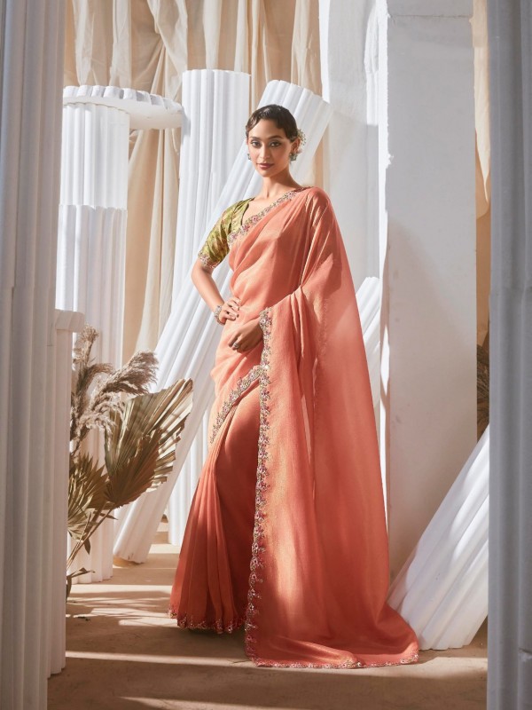 Fancy Silk Party wear Saree In Peach Color With Embroidery Work