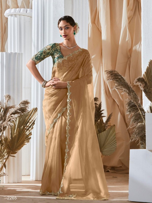 Fancy Silk Party wear Saree In Beige Color With Embroidery Work