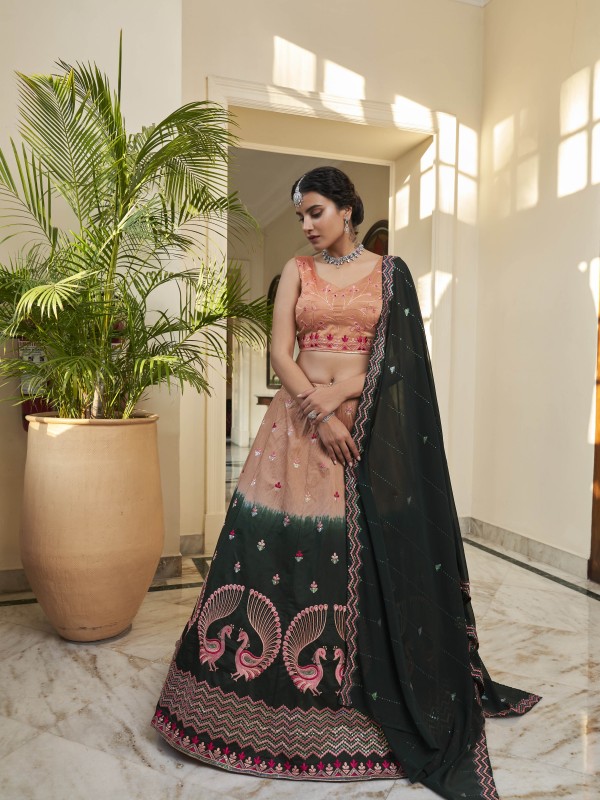 Silk  Party Wear Lehenga In Peach & Green Color With Embroidery Work