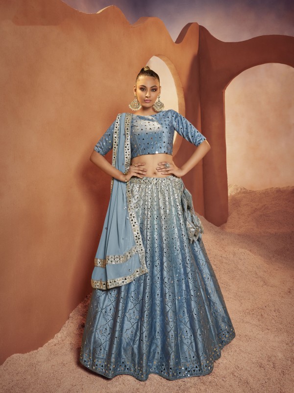 Velvet Fabrics Party Wear Lehenga in Grey Color With Embroidery  